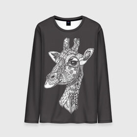 Мужской лонгслив 3D с принтом Жираф в Санкт-Петербурге, 100% полиэстер | длинные рукава, круглый вырез горловины, полуприлегающий силуэт | animal | black | drawing | ethnic | eyes | giraffe | look | muzzle | pattern | safari | white | zendudl | белый | взгляд | глаза | животное | жираф | зендудл | рисунок | сафари | узор | черный | этнический