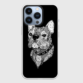 Чехол для iPhone 13 Pro с принтом Бульдог в Санкт-Петербурге,  |  | animal | black | bone | breed | bulldog | collar | dog | drawing | ethnic | eyes | look | muzzle | pattern | white | zendudl | белый | бульдог | взгляд | глаза | животное | зендудл | кость | ошейник | пёс | порода | рисунок | собака | узор | черны