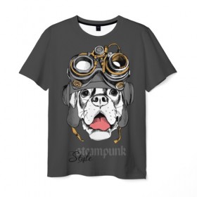 Мужская футболка 3D с принтом Steampunk Style в Санкт-Петербурге, 100% полиэфир | прямой крой, круглый вырез горловины, длина до линии бедер | animal | boxer | breed | dog | gray | headset | muzzle | steampunk | style | tank | white | yellow | белый | боксёр | желтый | животное | очки | порода | серый | собака | стиль | стимпанк | танковый | шлемофон