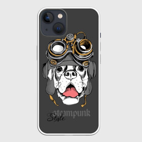 Чехол для iPhone 13 с принтом Steampunk Style в Санкт-Петербурге,  |  | Тематика изображения на принте: animal | boxer | breed | dog | gray | headset | muzzle | steampunk | style | tank | white | yellow | белый | боксёр | желтый | животное | очки | порода | серый | собака | стиль | стимпанк | танковый | шлемофон