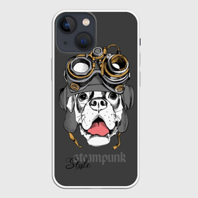 Чехол для iPhone 13 mini с принтом Steampunk Style в Санкт-Петербурге,  |  | animal | boxer | breed | dog | gray | headset | muzzle | steampunk | style | tank | white | yellow | белый | боксёр | желтый | животное | очки | порода | серый | собака | стиль | стимпанк | танковый | шлемофон