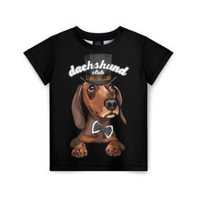 Детская футболка 3D с принтом Такса в цилиндре в Санкт-Петербурге, 100% гипоаллергенный полиэфир | прямой крой, круглый вырез горловины, длина до линии бедер, чуть спущенное плечо, ткань немного тянется | Тематика изображения на принте: animal | black | bowtie | breed | brown | cool | cylinder | dachshund | dog | gentleman | muzzle | white | белый | галстук  бабочка | джентльмен | животное | коричневый | порода | прикольный | собака | такса | цилиндр | черный