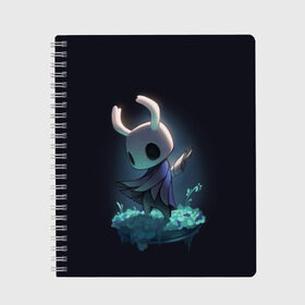 Тетрадь с принтом Hollow Knight в Санкт-Петербурге, 100% бумага | 48 листов, плотность листов — 60 г/м2, плотность картонной обложки — 250 г/м2. Листы скреплены сбоку удобной пружинной спиралью. Уголки страниц и обложки скругленные. Цвет линий — светло-серый
 | Тематика изображения на принте: hollow knight | детская | для детей | игра | компьютерная игра | королевство | рыцарь | темный рыцарь | холлов кнайт | экшен