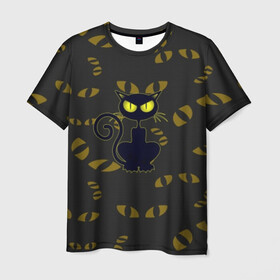 Мужская футболка 3D с принтом Смотрящий  кот в Санкт-Петербурге, 100% полиэфир | прямой крой, круглый вырез горловины, длина до линии бедер | 3d | абстракция | анимация | глаза | желтые | смотрящий  кот | черный