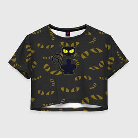 Женская футболка Cropp-top с принтом Смотрящий кот в Санкт-Петербурге, 100% полиэстер | круглая горловина, длина футболки до линии талии, рукава с отворотами | Тематика изображения на принте: 3d | абстракция | анимация | глаза | желтые | смотрящий  кот | черный