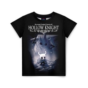 Детская футболка 3D с принтом Hollow Knight в Санкт-Петербурге, 100% гипоаллергенный полиэфир | прямой крой, круглый вырез горловины, длина до линии бедер, чуть спущенное плечо, ткань немного тянется | hallownest | hollow knight | the knight | игры | компьютерная игра | реймер | рыцарь