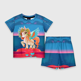 Детский костюм с шортами 3D с принтом Милый единорог в Санкт-Петербурге,  |  | pony | грива | девочка | единорог | конь | копыта | красивая | лошадка | лошадь | милая | пони | природа закат | радуга