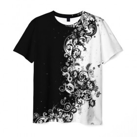 Мужская футболка 3D с принтом Черно-белый узор. в Санкт-Петербурге, 100% полиэфир | прямой крой, круглый вырез горловины, длина до линии бедер | 3d | bkack whate | листья | текстура | узор | черно белое