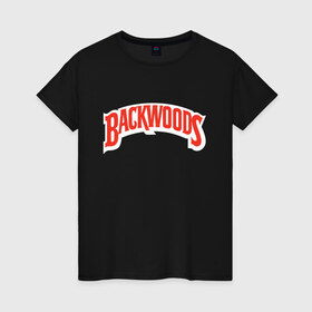 Женская футболка хлопок с принтом backwoods в Санкт-Петербурге, 100% хлопок | прямой крой, круглый вырез горловины, длина до линии бедер, слегка спущенное плечо | Тематика изображения на принте: backwoods | баквудс | бренд | буквы | название | слово