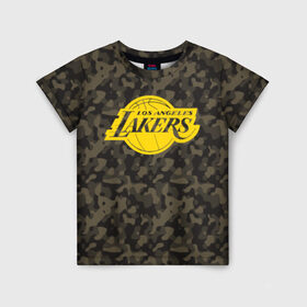 Детская футболка 3D с принтом Los Angeles Lakers Camo Gold в Санкт-Петербурге, 100% гипоаллергенный полиэфир | прямой крой, круглый вырез горловины, длина до линии бедер, чуть спущенное плечо, ткань немного тянется | 