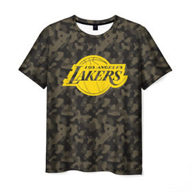 Мужская футболка 3D с принтом Los Angeles Lakers Camo Gold в Санкт-Петербурге, 100% полиэфир | прямой крой, круглый вырез горловины, длина до линии бедер | Тематика изображения на принте: 