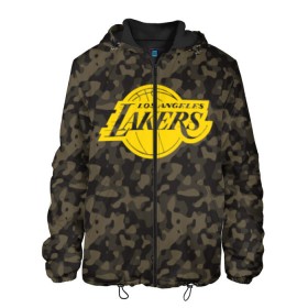 Мужская куртка 3D с принтом Los Angeles Lakers Camo Gold в Санкт-Петербурге, ткань верха — 100% полиэстер, подклад — флис | прямой крой, подол и капюшон оформлены резинкой с фиксаторами, два кармана без застежек по бокам, один большой потайной карман на груди. Карман на груди застегивается на липучку | 