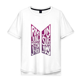 Мужская футболка хлопок Oversize с принтом BTS (Имена). в Санкт-Петербурге, 100% хлопок | свободный крой, круглый ворот, “спинка” длиннее передней части | 2019 | bts | j hope | jimin | jin | jungkook | k pop | new | rm | suga | v | бтс | имена | лого | логотип | музыка | надпись | хлопок | эмблема