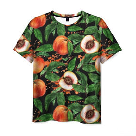 Мужская футболка 3D с принтом Персики в Санкт-Петербурге, 100% полиэфир | прямой крой, круглый вырез горловины, длина до линии бедер | аромат | зелень | лето | листья | персик | плоды | сад | сочный | спелый | фрукты | цветы