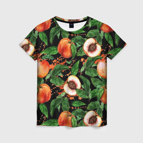 Женская футболка 3D с принтом Персики в Санкт-Петербурге, 100% полиэфир ( синтетическое хлопкоподобное полотно) | прямой крой, круглый вырез горловины, длина до линии бедер | аромат | зелень | лето | листья | персик | плоды | сад | сочный | спелый | фрукты | цветы