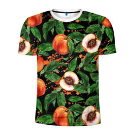 Мужская футболка 3D спортивная с принтом Персики в Санкт-Петербурге, 100% полиэстер с улучшенными характеристиками | приталенный силуэт, круглая горловина, широкие плечи, сужается к линии бедра | аромат | зелень | лето | листья | персик | плоды | сад | сочный | спелый | фрукты | цветы