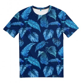 Мужская футболка 3D с принтом Листья. Ночные тропики в Санкт-Петербурге, 100% полиэфир | прямой крой, круглый вырез горловины, длина до линии бедер | абстракция | зелень | листья | ночь | природа | растение | тропики | цветы