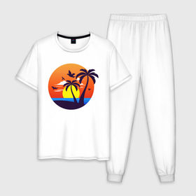 Мужская пижама хлопок с принтом Пляжный закат в Санкт-Петербурге, 100% хлопок | брюки и футболка прямого кроя, без карманов, на брюках мягкая резинка на поясе и по низу штанин
 | 