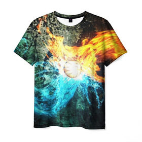Мужская футболка 3D с принтом Альфа и Омега в Санкт-Петербурге, 100% полиэфир | прямой крой, круглый вырез горловины, длина до линии бедер | битва огней | битва стихий | взрыв | вода | лед и пламя | лучи | огонь | огонь и вода | пламя | скала | текстура | энергия