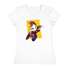 Женская футболка хлопок с принтом Мотоциклист Единорог в Санкт-Петербурге, 100% хлопок | прямой крой, круглый вырез горловины, длина до линии бедер, слегка спущенное плечо | unicorn | единорог | мотоцикл