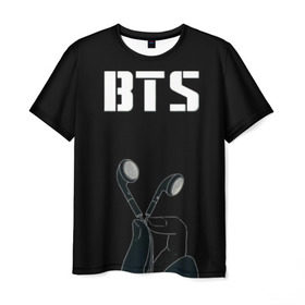 Мужская футболка 3D с принтом BTS(наушники в руке) в Санкт-Петербурге, 100% полиэфир | прямой крой, круглый вырез горловины, длина до линии бедер | bangtan boys | beyond the scene | bts | бтс | группа | музыка | песни | южнокорейский бойбенд