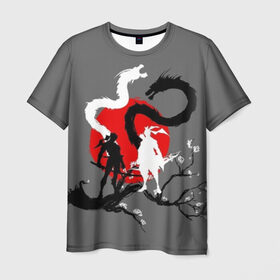 Мужская футболка 3D с принтом Битва драконов в Санкт-Петербурге, 100% полиэфир | прямой крой, круглый вырез горловины, длина до линии бедер | anime | meme | tokyo | аниме | герой | иероглиф | луна | манга | сакура | самурай | солнце | стиль | фентези | япония