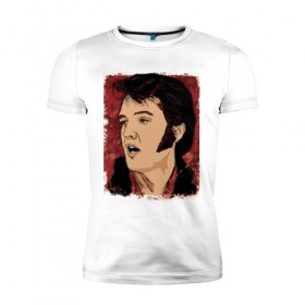 Мужская футболка премиум с принтом Элвис Пресли в Санкт-Петербурге, 92% хлопок, 8% лайкра | приталенный силуэт, круглый вырез ворота, длина до линии бедра, короткий рукав | американский. певец. актёр. король рок н ролл
