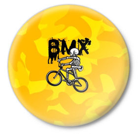 Значок с принтом BMX в Санкт-Петербурге,  металл | круглая форма, металлическая застежка в виде булавки | bike | bmx | bones | extreme | skeleton | skull | sport | велосипед | скелет | спорт | череп | экстрим