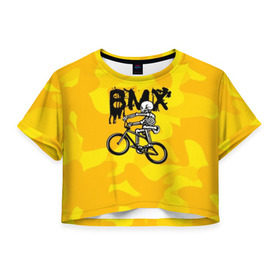Женская футболка Cropp-top с принтом BMX в Санкт-Петербурге, 100% полиэстер | круглая горловина, длина футболки до линии талии, рукава с отворотами | bike | bmx | bones | extreme | skeleton | skull | sport | велосипед | скелет | спорт | череп | экстрим