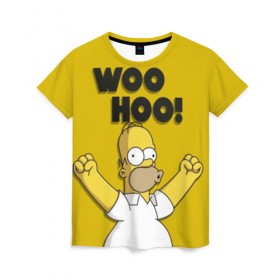 Женская футболка 3D с принтом HOMER - WOO HOO! в Санкт-Петербурге, 100% полиэфир ( синтетическое хлопкоподобное полотно) | прямой крой, круглый вырез горловины, длина до линии бедер | bart | homer | lisa | the simpsons | барт | гомер | лиза | мэгги | симпсоны