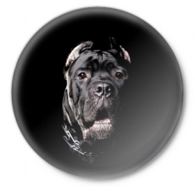 Значок с принтом Мастиф в Санкт-Петербурге,  металл | круглая форма, металлическая застежка в виде булавки | animal | black | collar | dog | friend | look | man | muzzle | взгляд | друг | животное | мастиф | ошейник | пёс | собака | человека | черный