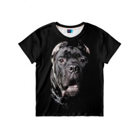 Детская футболка 3D с принтом Мастиф в Санкт-Петербурге, 100% гипоаллергенный полиэфир | прямой крой, круглый вырез горловины, длина до линии бедер, чуть спущенное плечо, ткань немного тянется | animal | black | collar | dog | friend | look | man | muzzle | взгляд | друг | животное | мастиф | ошейник | пёс | собака | человека | черный