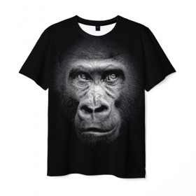 Мужская футболка 3D с принтом Горилла в Санкт-Петербурге, 100% полиэфир | прямой крой, круглый вырез горловины, длина до линии бедер | animal | black | eyes | fauna | gorilla | gray | look | monkey | muzzle | primate | взгляд | глаза | горилла | животное | обезьяна | примат | серый | фауна | черный