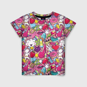 Детская футболка 3D с принтом Девчачьи радости в Санкт-Петербурге, 100% гипоаллергенный полиэфир | прямой крой, круглый вырез горловины, длина до линии бедер, чуть спущенное плечо, ткань немного тянется | cat | clou | crown | flower | funny | graffiti | heart | kitten | lips | lollipop | shoes | sneakers | strawberry | unicorn | граффити | губы | единорог | звезда | кеды | клубника | корона | кот | котёнок | леденец | мороженое | облако | обувь | помада | 