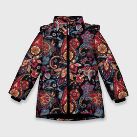 Зимняя куртка для девочек 3D с принтом Этнический орнамент в Санкт-Петербурге, ткань верха — 100% полиэстер; подклад — 100% полиэстер, утеплитель — 100% полиэстер. | длина ниже бедра, удлиненная спинка, воротник стойка и отстегивающийся капюшон. Есть боковые карманы с листочкой на кнопках, утяжки по низу изделия и внутренний карман на молнии. 

Предусмотрены светоотражающий принт на спинке, радужный светоотражающий элемент на пуллере молнии и на резинке для утяжки. | asia | black | blue | curl | east | ethnic | flower | india | ornament | pattern | petal | red | yellow | zendudl | азия | восток | желтый | завитушка | зендудл | индия | красный | лепесток | орнамент | узор | цветок | черный | этнический