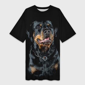 Платье-футболка 3D с принтом Ротвейлер в Санкт-Петербурге,  |  | animal | black | breed | collar | dog | friend | glance | gloss | man | muzzle | rottweiler | взгляд | друг | животное | лоск | ошейник | пёс | порода | ротвейлер | собака | человека | черный