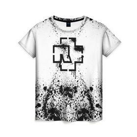Женская футболка 3D с принтом RAMMSTEIN в Санкт-Петербурге, 100% полиэфир ( синтетическое хлопкоподобное полотно) | прямой крой, круглый вырез горловины, длина до линии бедер | metallica | music | rammstein | rock | брызги | краски | металл | металлика | музыка | раммштайн | рок | рок группа