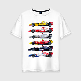 Женская футболка хлопок Oversize с принтом F1 Болиды 3 в Санкт-Петербурге, 100% хлопок | свободный крой, круглый ворот, спущенный рукав, длина до линии бедер
 | f1 | f2 | авто | болид | болиды | гонки | формула 1