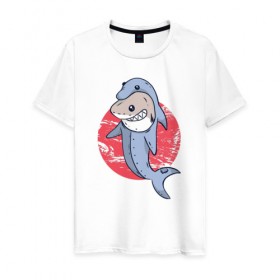 Мужская футболка хлопок с принтом Акула в костюме Дельфина в Санкт-Петербурге, 100% хлопок | прямой крой, круглый вырез горловины, длина до линии бедер, слегка спущенное плечо. | 