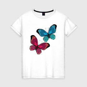 Женская футболка хлопок с принтом Бабочки. в Санкт-Петербурге, 100% хлопок | прямой крой, круглый вырез горловины, длина до линии бедер, слегка спущенное плечо | бабочка | бабочки | животные | красота | насекомые | природа | яркий