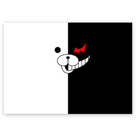 Поздравительная открытка с принтом MONOKUMA (КАПЮШОН) | МОНОКУМА в Санкт-Петербурге, 100% бумага | плотность бумаги 280 г/м2, матовая, на обратной стороне линовка и место для марки
 | Тематика изображения на принте: anime | bear | black  white | danganronpa | kurokuma | monodam | monokuma | monomi | monotaro | pink | rabbit | school | shirokuma | аниме | главарь | мoноми | монокума | черно белый | школа