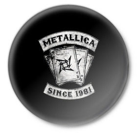 Значок с принтом Metallica в Санкт-Петербурге,  металл | круглая форма, металлическая застежка в виде булавки | Тематика изображения на принте: album | black | concert | heavy | kirk | metal | metallica | music | rock | tolls | джеймс хэтфилд | кирк хэмметт | клифф бёртон | ларс ульрих | метал | металлика | трэш