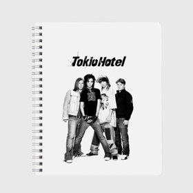 Тетрадь с принтом Tokio Hotel в Санкт-Петербурге, 100% бумага | 48 листов, плотность листов — 60 г/м2, плотность картонной обложки — 250 г/м2. Листы скреплены сбоку удобной пружинной спиралью. Уголки страниц и обложки скругленные. Цвет линий — светло-серый
 | Тематика изображения на принте: alternative rock | band | bill kaulitz | boys | german | hotel | music | pop rock | powerpop | synthpop | tokyo | tom ka | альтернативный рок | билл каулитц | георг листинг | группа | густав шефер | мальчики | музыка | немецкая | отель | пауэр поп