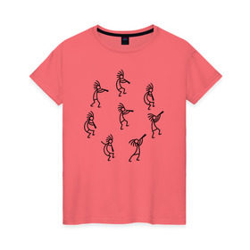 Женская футболка хлопок с принтом Кокопелли в Санкт-Петербурге, 100% хлопок | прямой крой, круглый вырез горловины, длина до линии бедер, слегка спущенное плечо | божество | дудочка | индейцы | кокопелли | танец | человечек | человечки