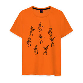 Мужская футболка хлопок с принтом Кокопелли в Санкт-Петербурге, 100% хлопок | прямой крой, круглый вырез горловины, длина до линии бедер, слегка спущенное плечо. | божество | дудочка | индейцы | кокопелли | танец | человечек | человечки