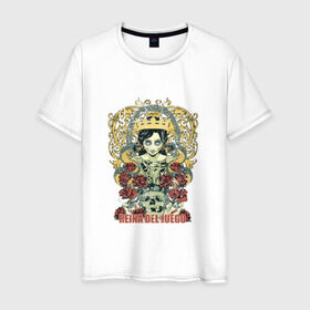 Мужская футболка хлопок с принтом Королева игры в Санкт-Петербурге, 100% хлопок | прямой крой, круглый вырез горловины, длина до линии бедер, слегка спущенное плечо. | девушка | змея | корона | роза | татуировка | череп