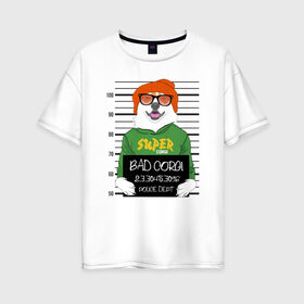 Женская футболка хлопок Oversize с принтом Плохой Корги в Санкт-Петербурге, 100% хлопок | свободный крой, круглый ворот, спущенный рукав, длина до линии бедер
 | corgi | банда | бандит | гангстер | заключенный | корги | собака | собаки