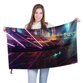 Флаг 3D с принтом CYBERPUNK 2077 в Санкт-Петербурге, 100% полиэстер | плотность ткани — 95 г/м2, размер — 67 х 109 см. Принт наносится с одной стороны | 