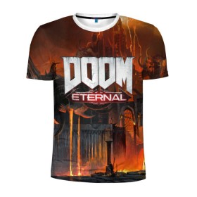 Мужская футболка 3D спортивная с принтом DOOM Eternal в Санкт-Петербурге, 100% полиэстер с улучшенными характеристиками | приталенный силуэт, круглая горловина, широкие плечи, сужается к линии бедра | bethesda | dead | death | doom | doom eternal | game | games | metal | monster | ps4 | space | steam | xbox | дум | игра | космос | метал | меч | экшн