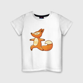 Детская футболка хлопок с принтом Лисенок занимается йогой в Санкт-Петербурге, 100% хлопок | круглый вырез горловины, полуприлегающий силуэт, длина до линии бедер | Тематика изображения на принте: fox | гимнастика | йога | лис | лиса | лисенок | рыжая | упражнения